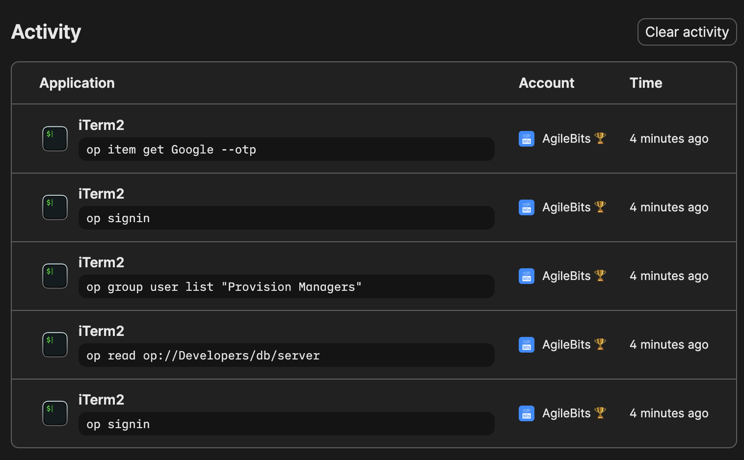 The 1Password CLI activity log.