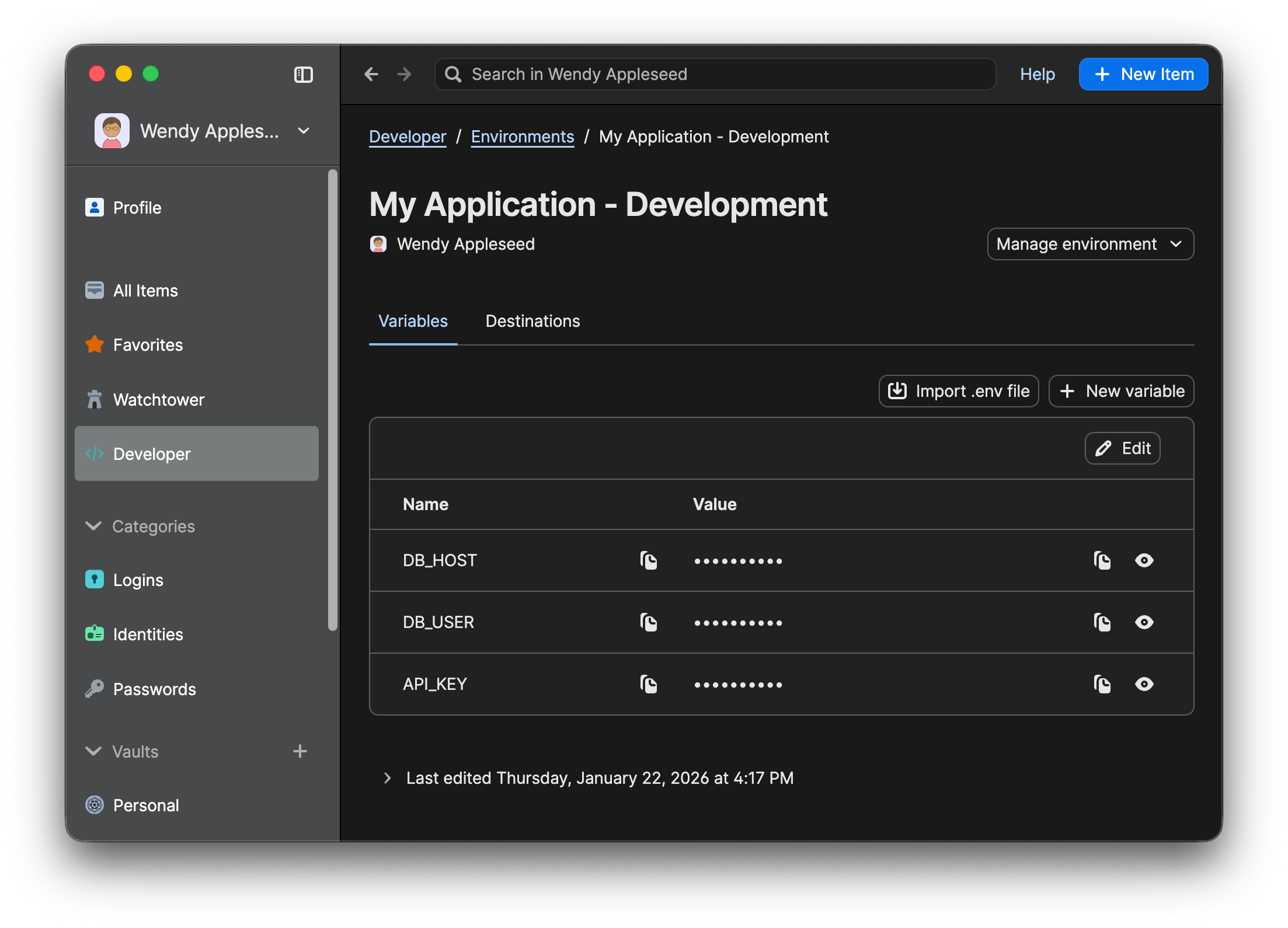 A 1Password Environment with several environment variables added to it.