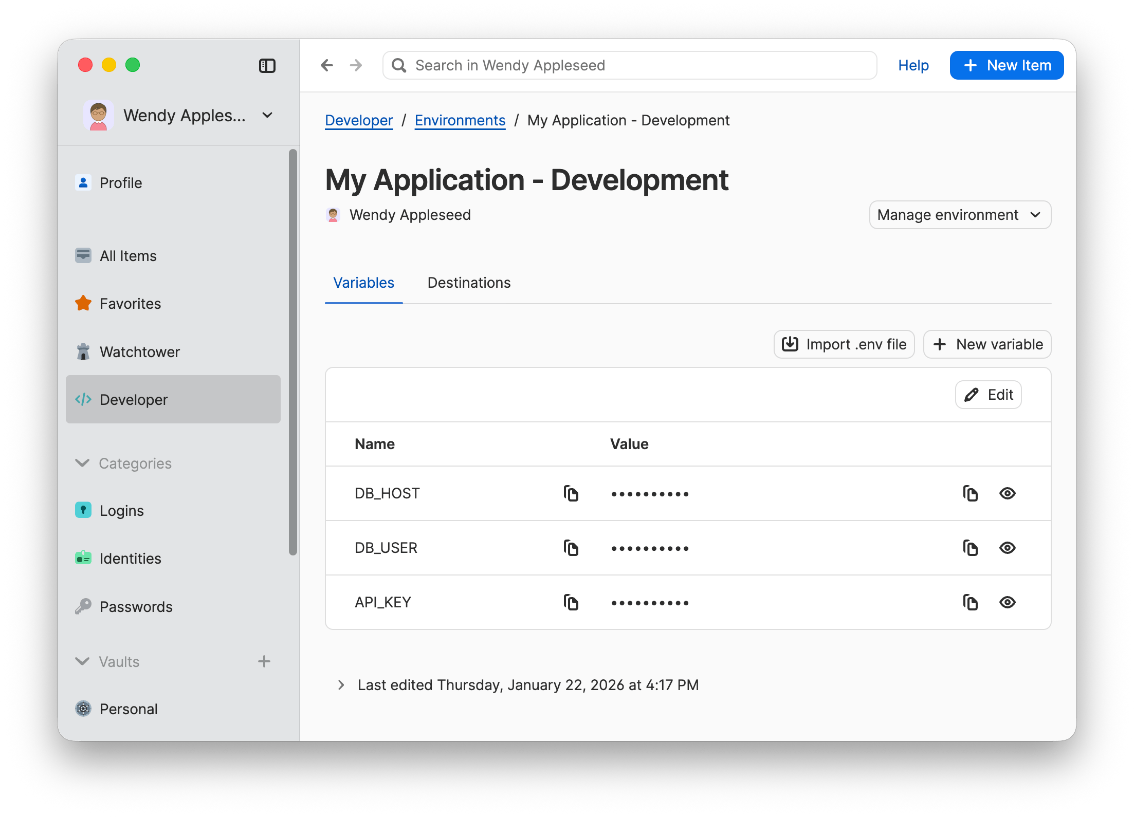 A 1Password Environment with several environment variables added to it.