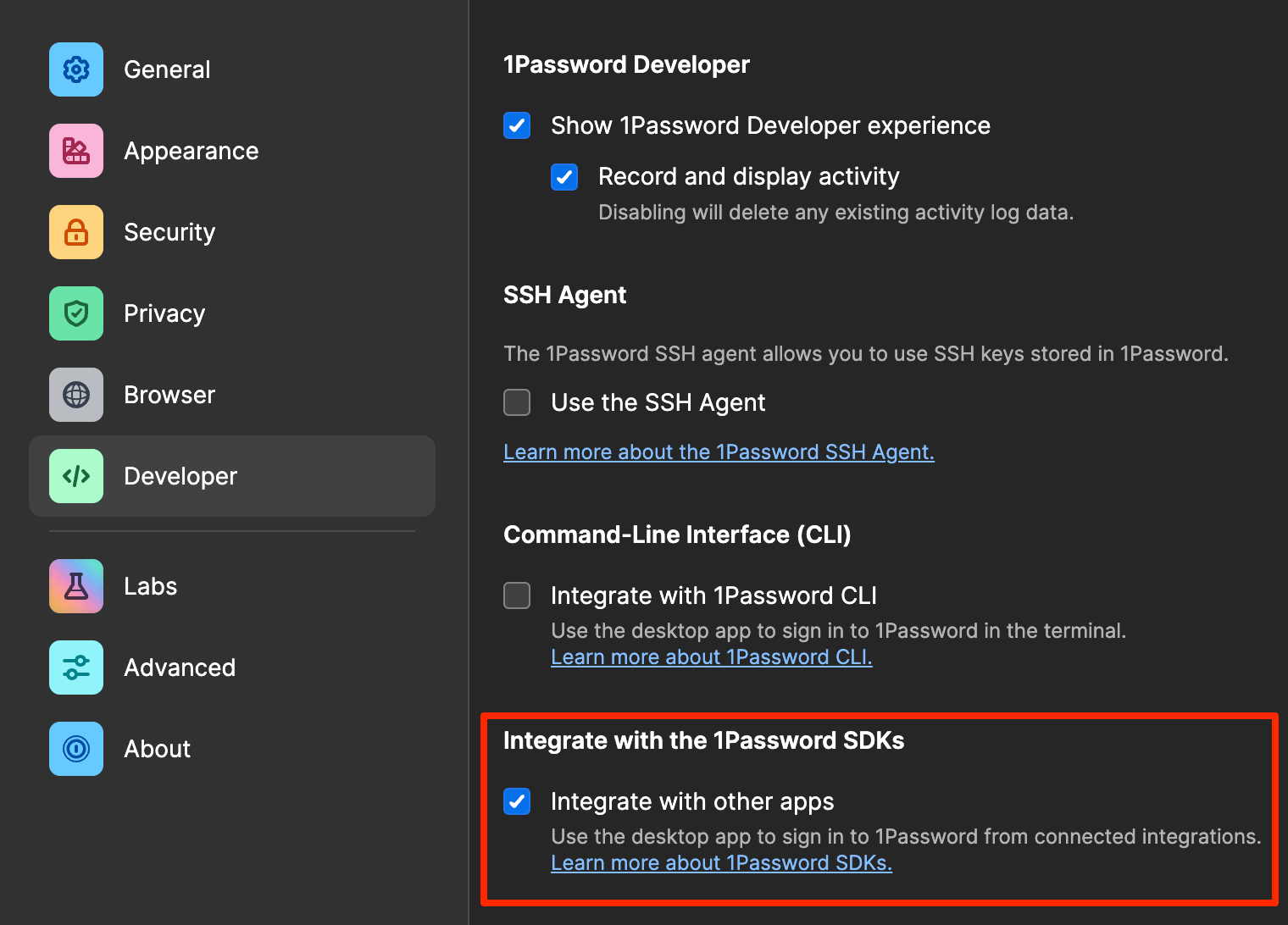 The Integrate with other apps setting