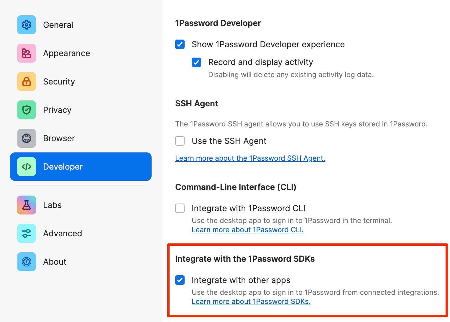 The Integrate with other apps setting