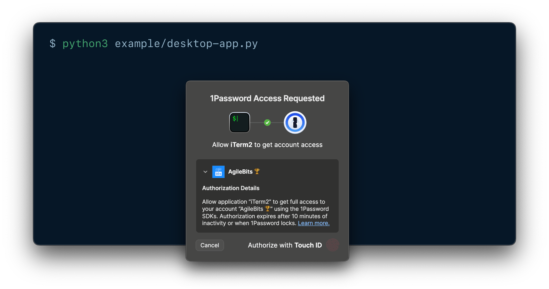A screenshot of a Python script running with an authorization prompt from the 1Password desktop app.
