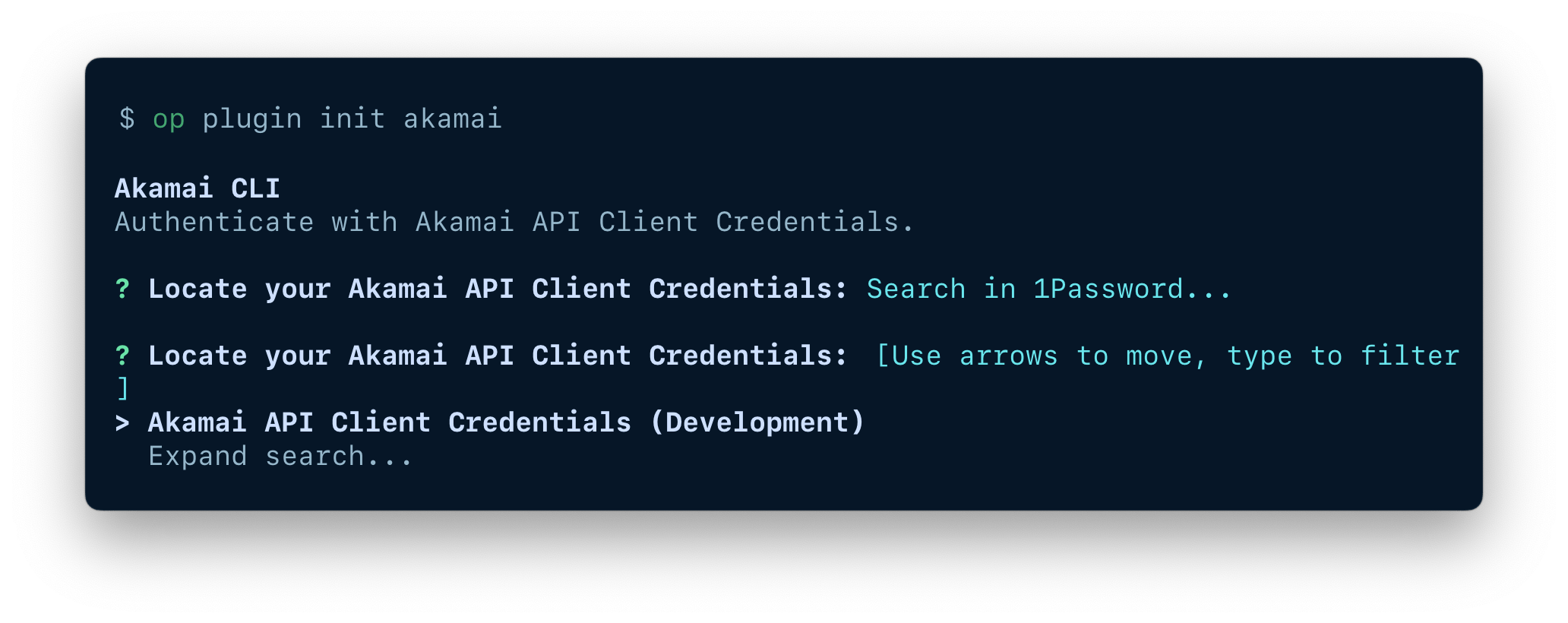 A terminal window showing the option to search for an existing item in your 1Password account.