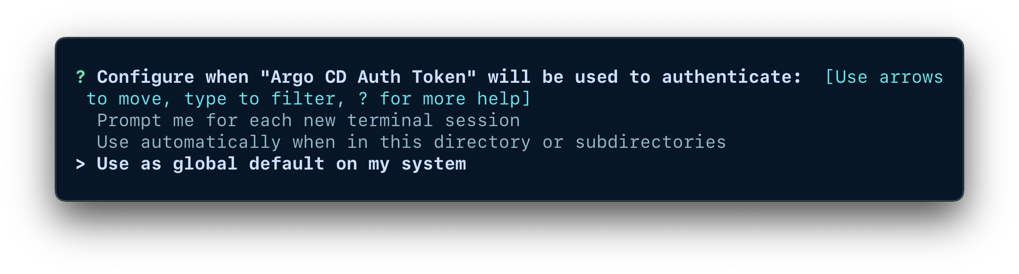 A terminal window showing the options for configuring when the credentials should be used.