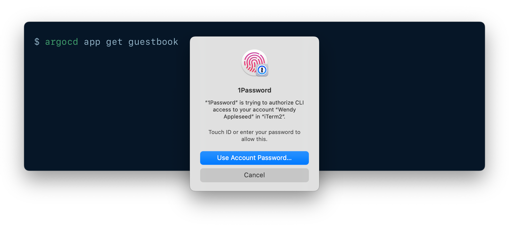 A CLI being authenticated using 1Password CLI biometric unlock.