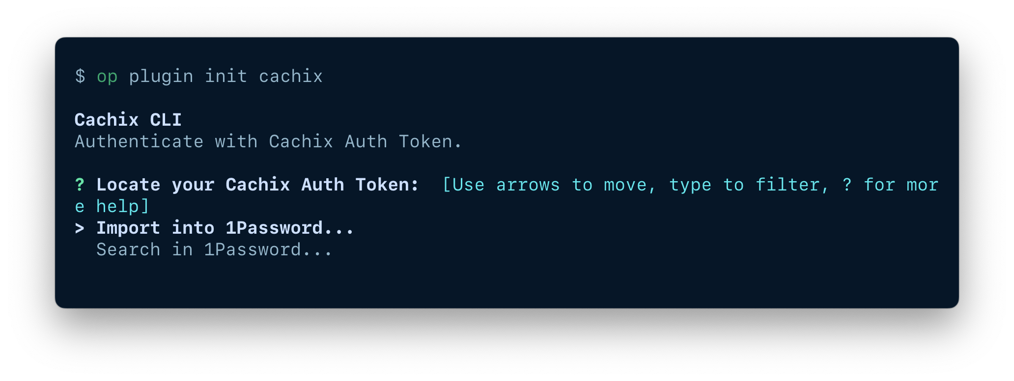 A terminal window displaying the op plugin init command and options to import or select an item.