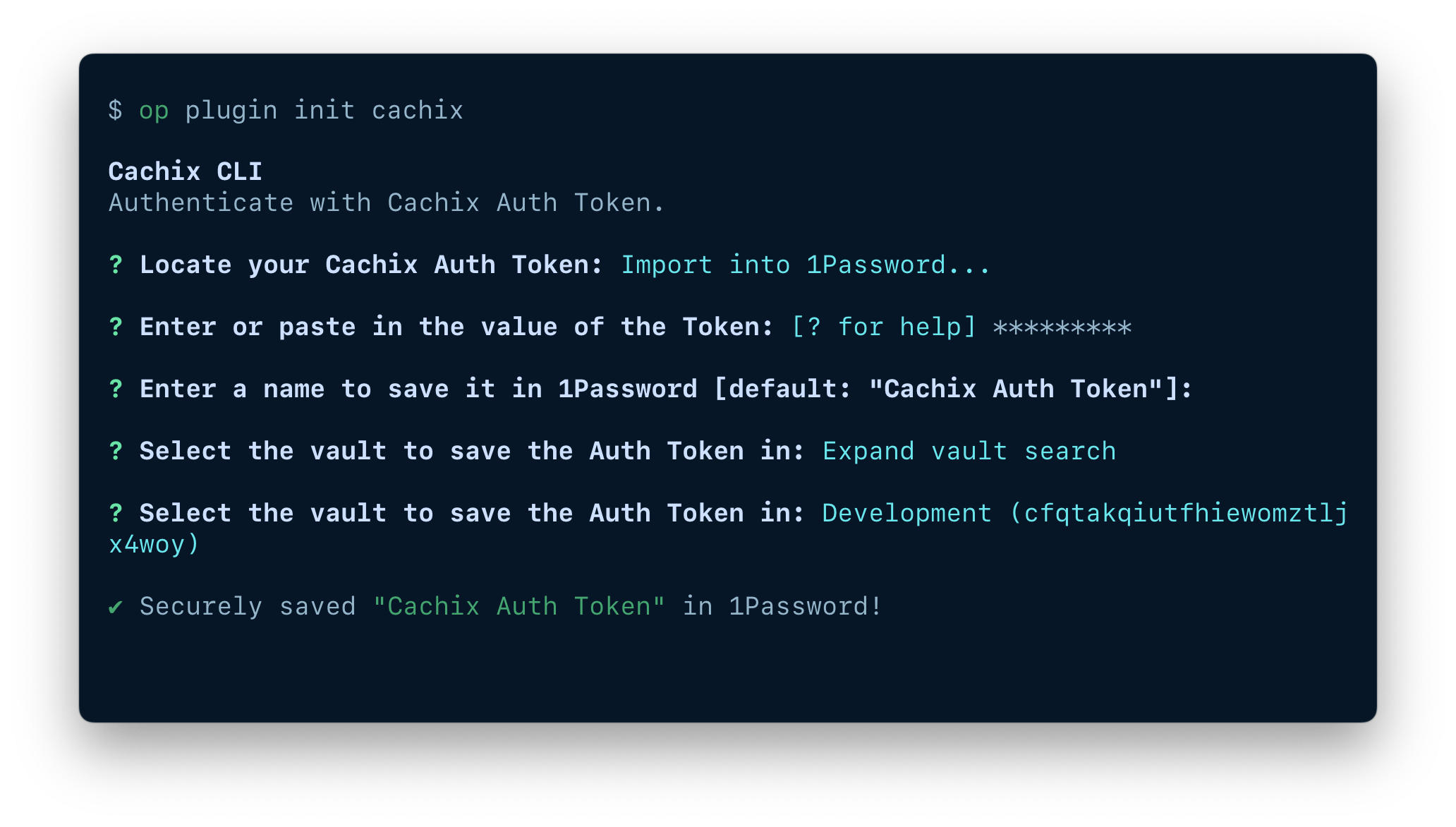 A terminal window showing the fields available to import an item, including the token, item name, and vault.