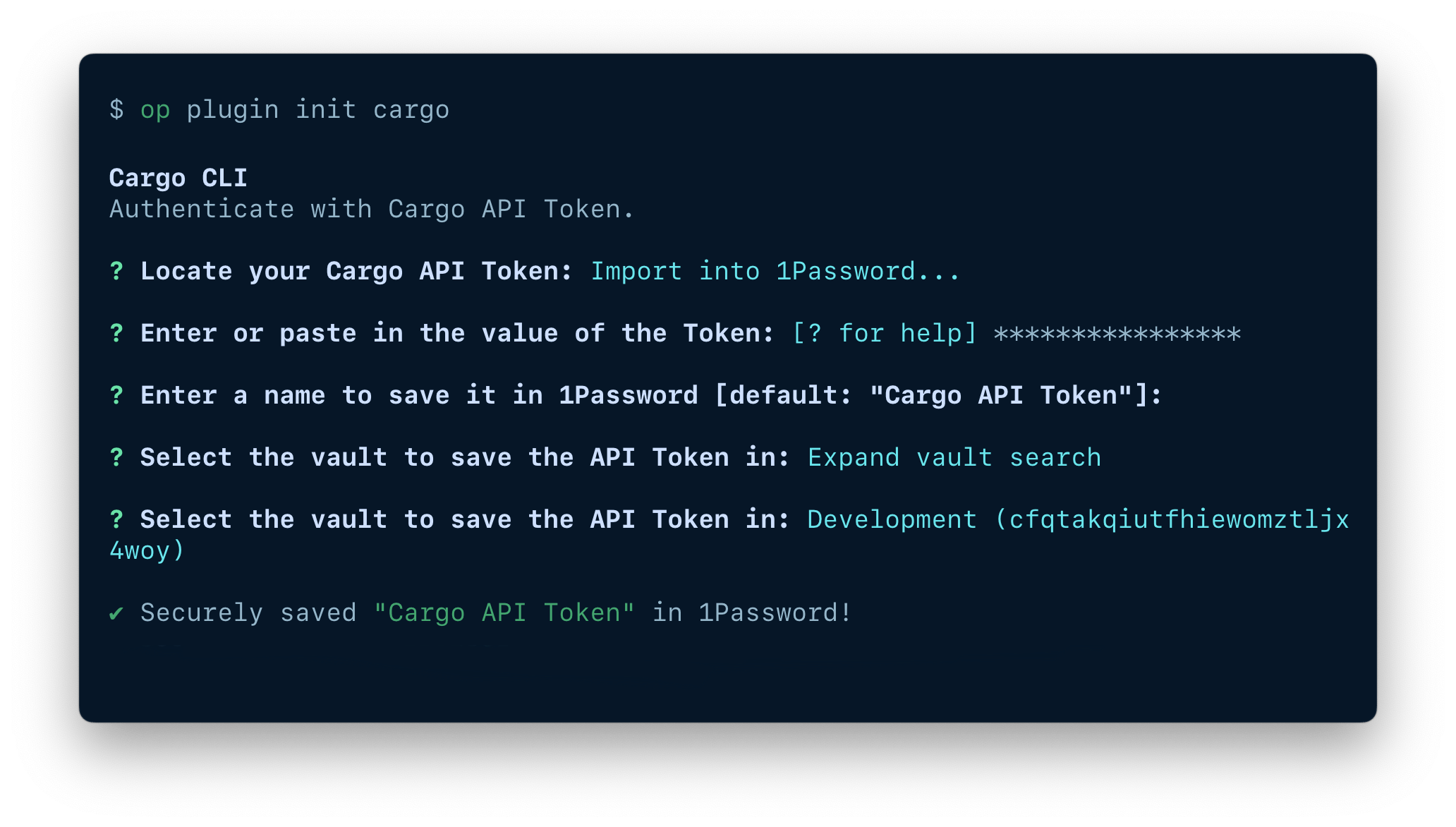 A terminal window showing the fields available to import an item, including the token, item name, and vault.