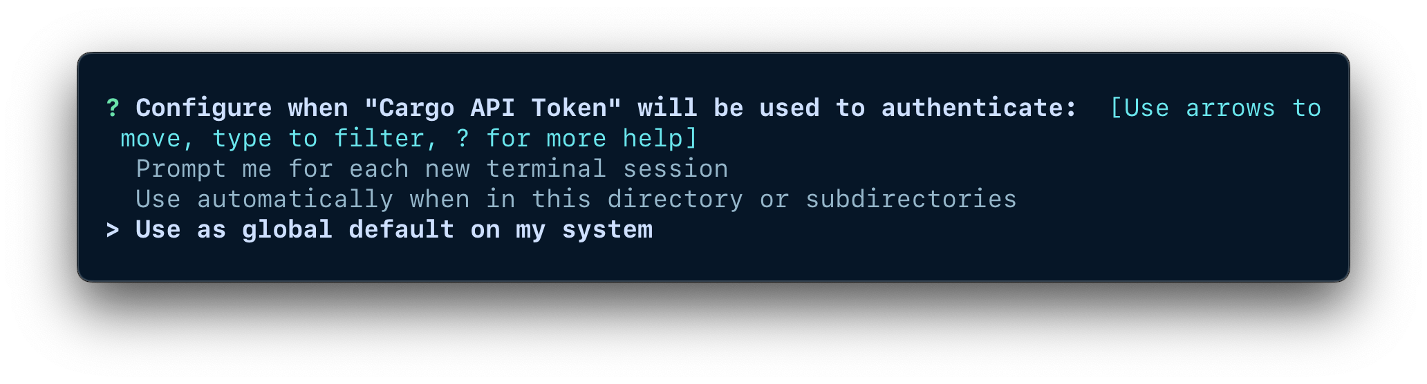 A terminal window showing the options for configuring when the credentials should be used.