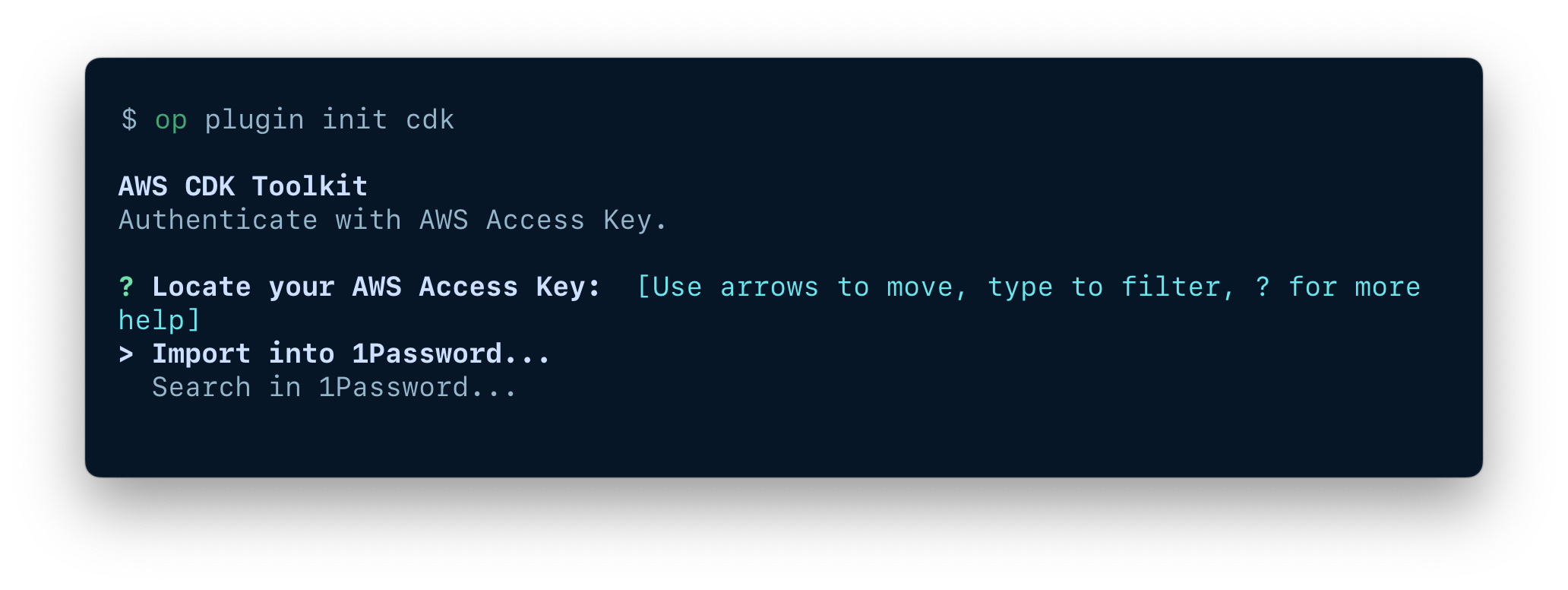 A terminal window displaying the op plugin init command and options to import or select an item.