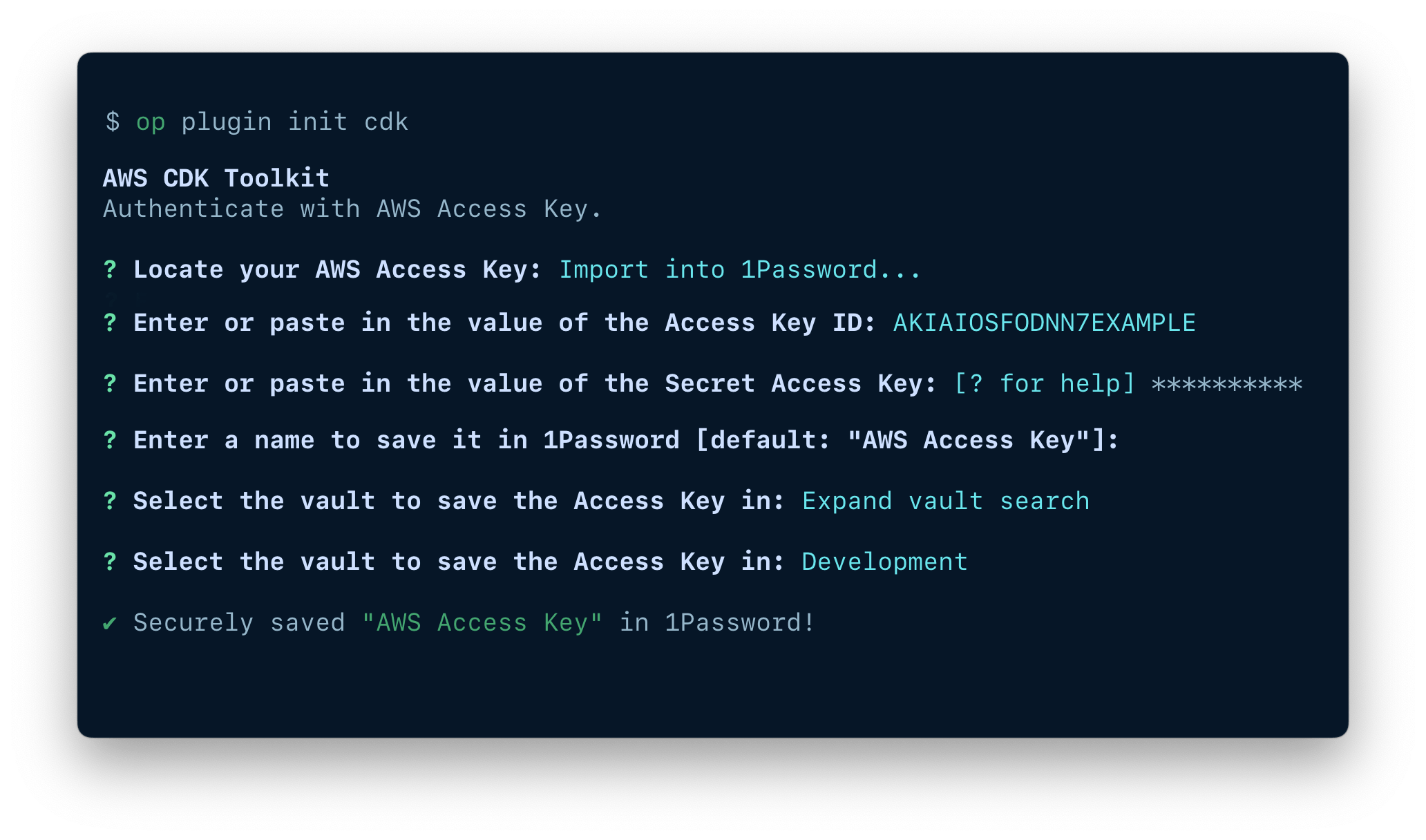 A terminal window showing the fields available to import an item, including the token, item name, and vault.