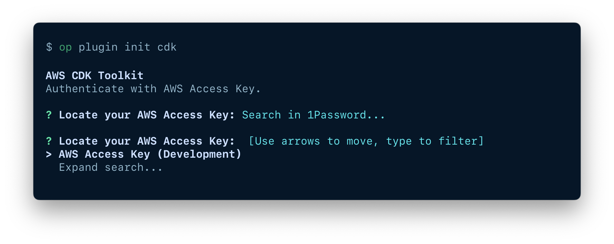 A terminal window showing the option to search for an existing item in your 1Password account.