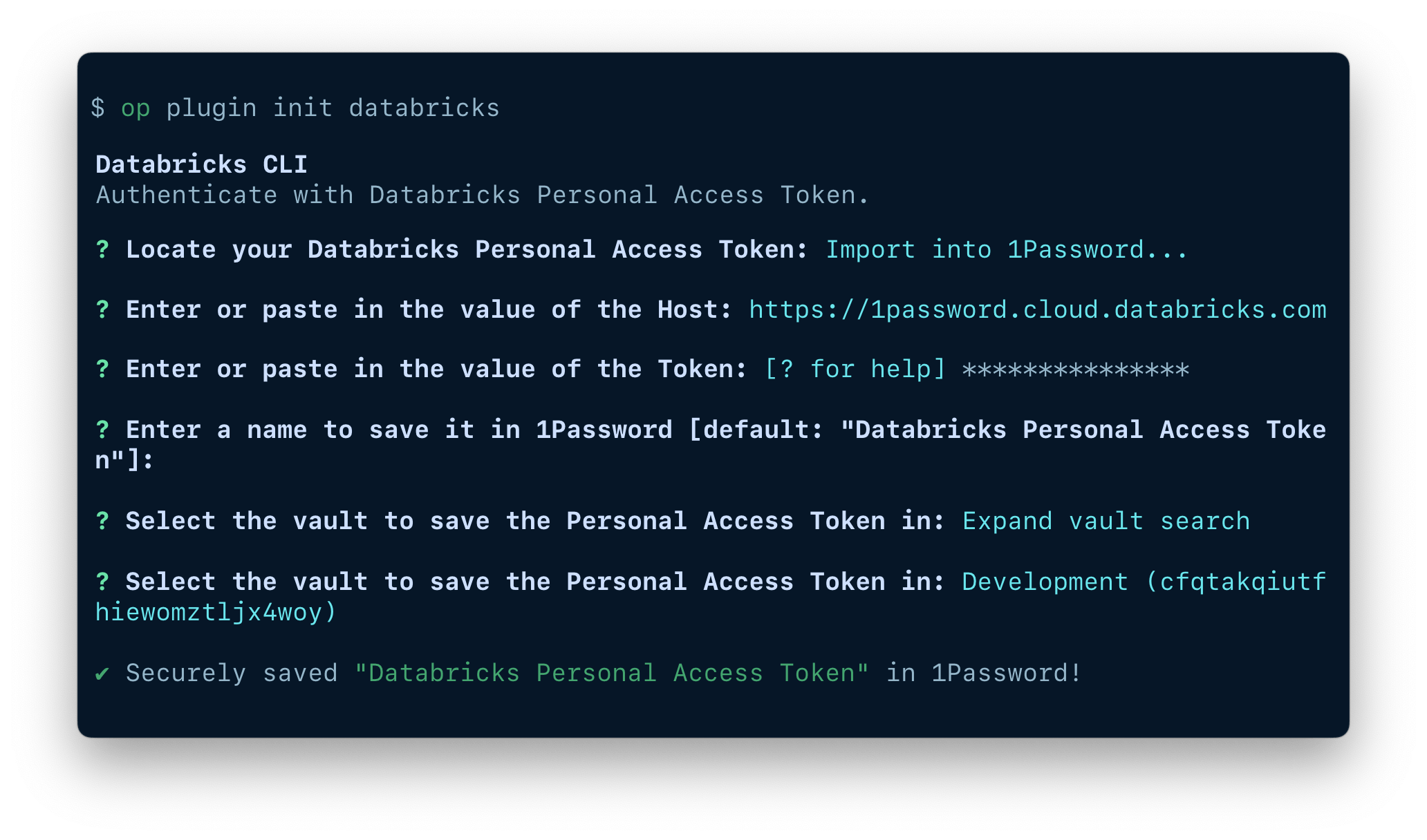 A terminal window showing the fields available to import an item, including the token, item name, and vault.