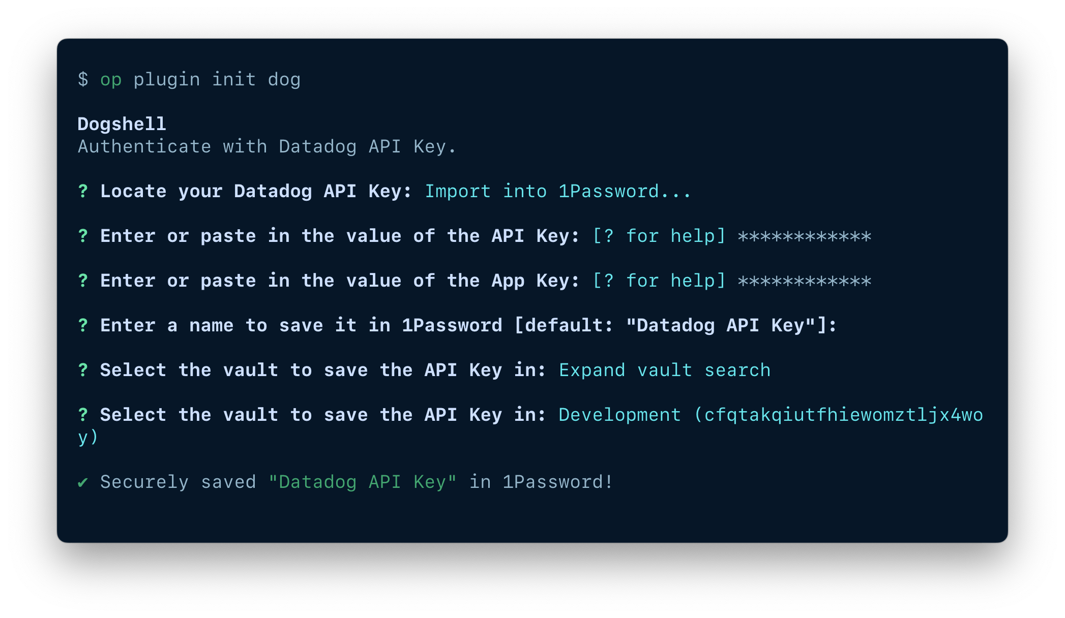 A terminal window showing the fields available to import an item, including the token, item name, and vault.