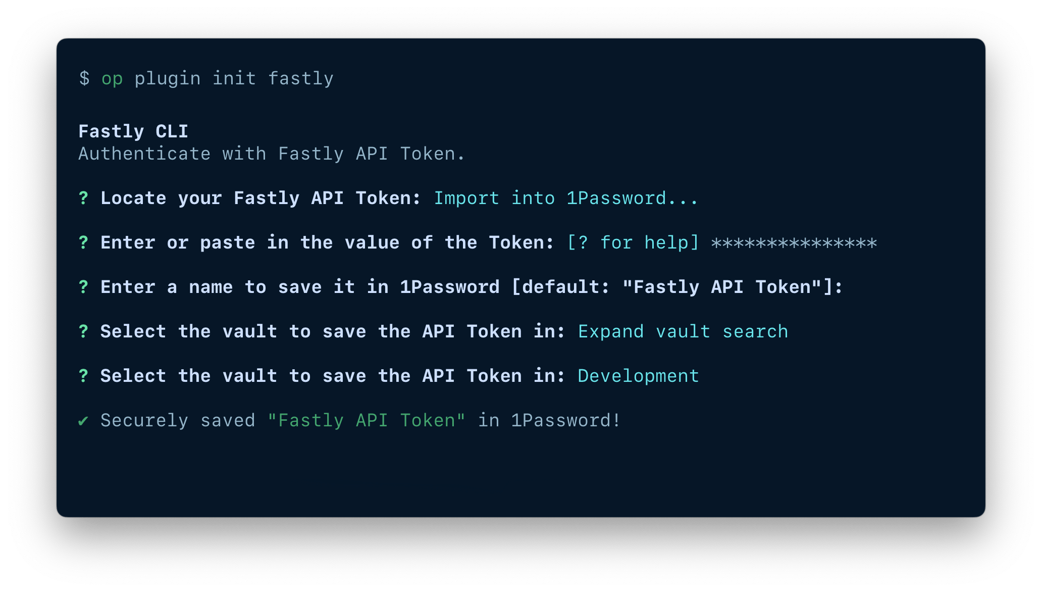 A terminal window showing the fields available to import an item, including the token, item name, and vault.