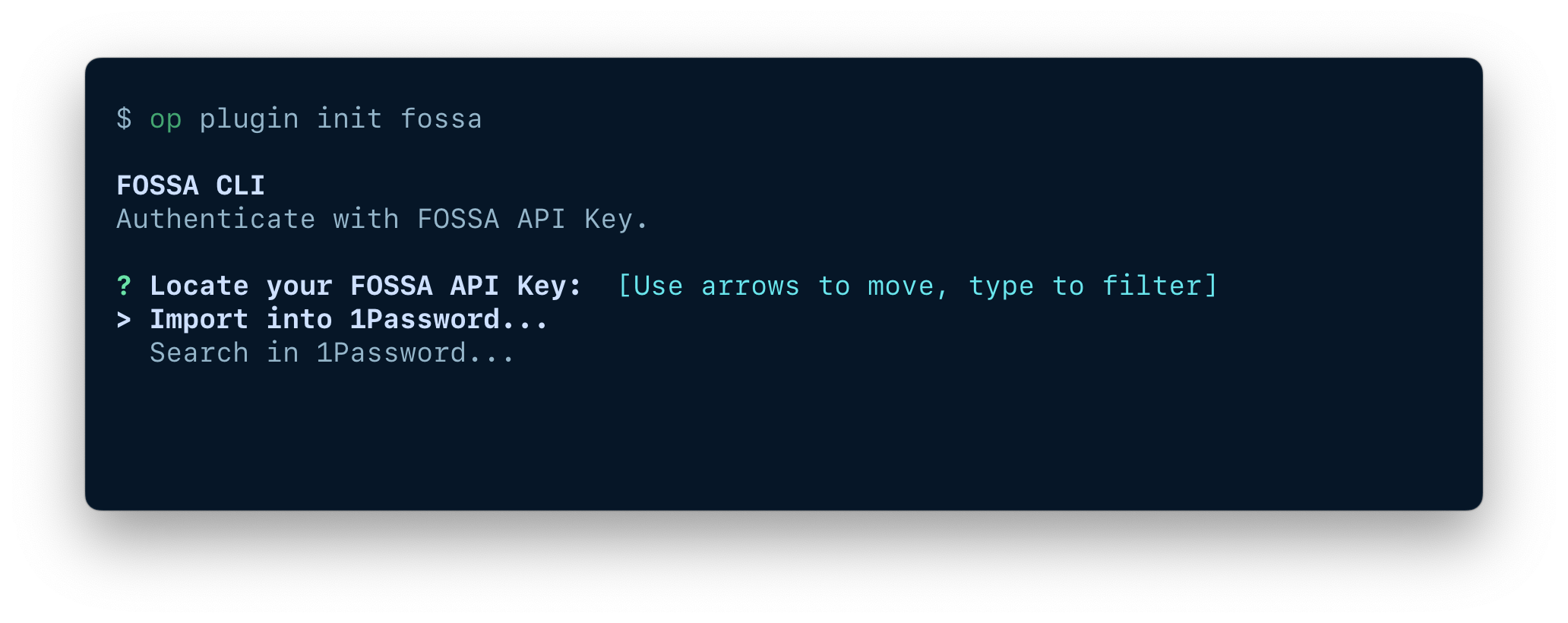 A terminal window displaying the op plugin init command and options to import or select an item.