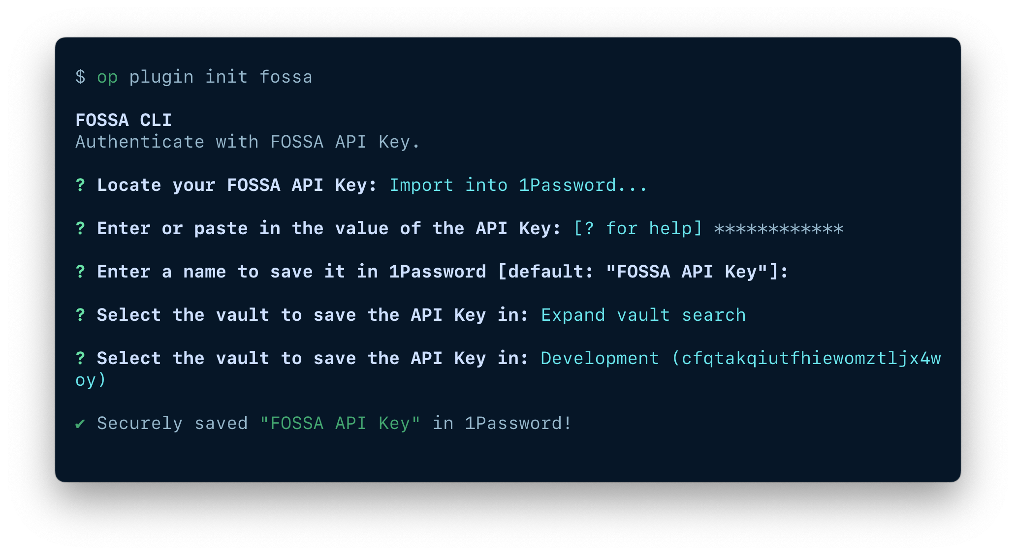 A terminal window showing the fields available to import an item, including the token, item name, and vault.