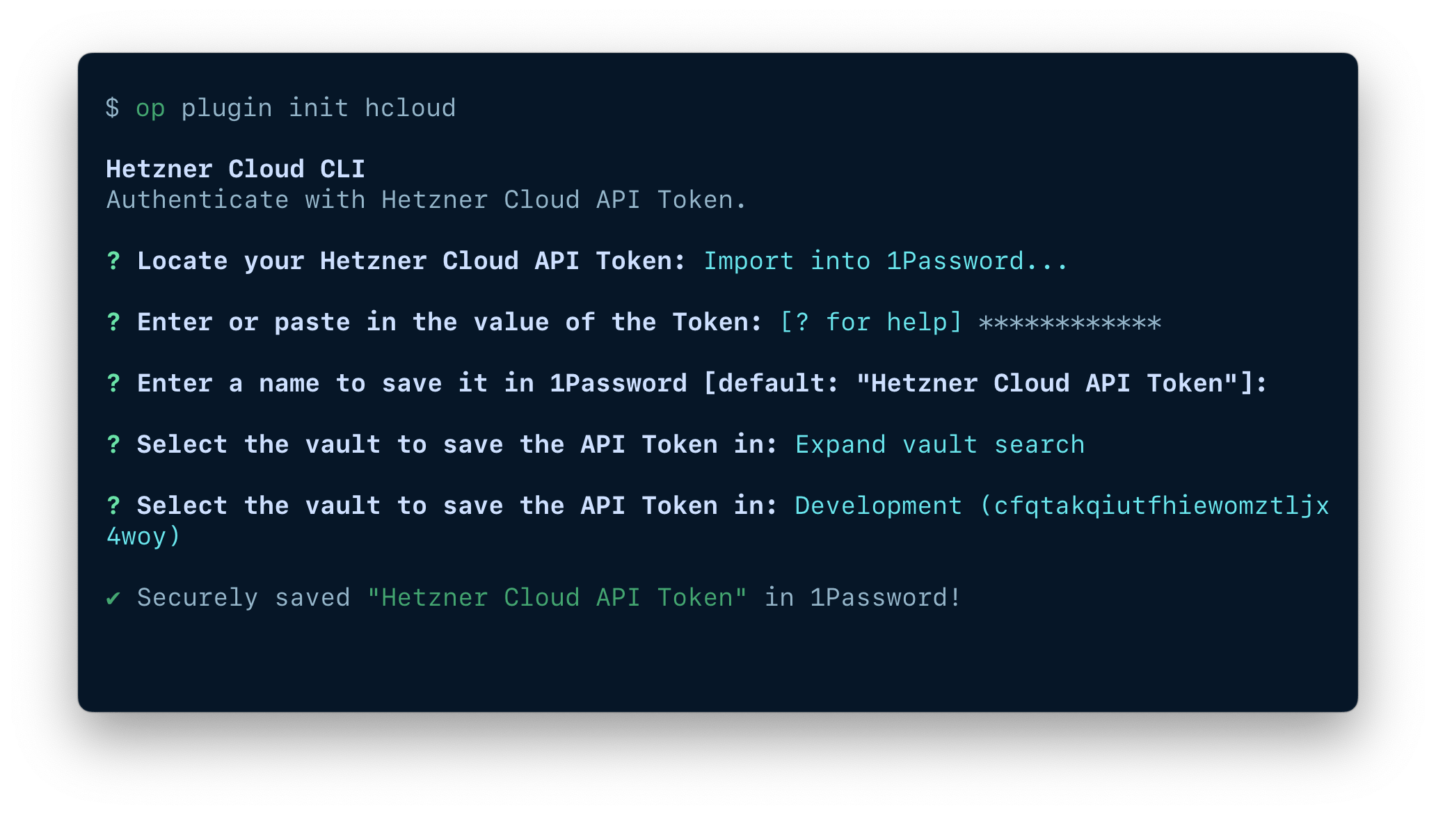 A terminal window showing the fields available to import an item, including the token, item name, and vault.