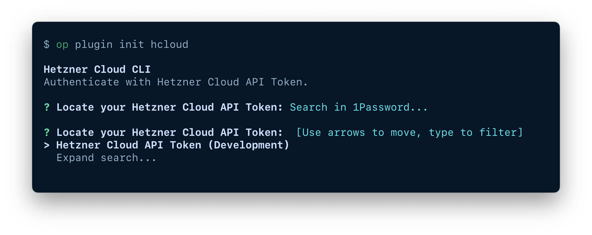 A terminal window showing the option to search for an existing item in your 1Password account.