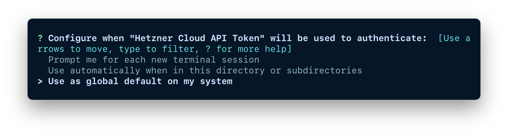 A terminal window showing the options for configuring when the credentials should be used.