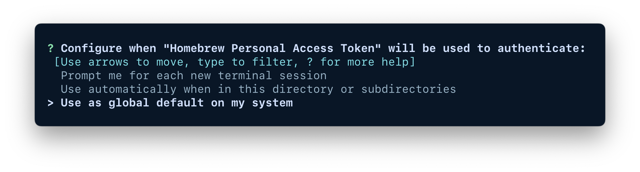 A terminal window showing the options for configuring when the credentials should be used.