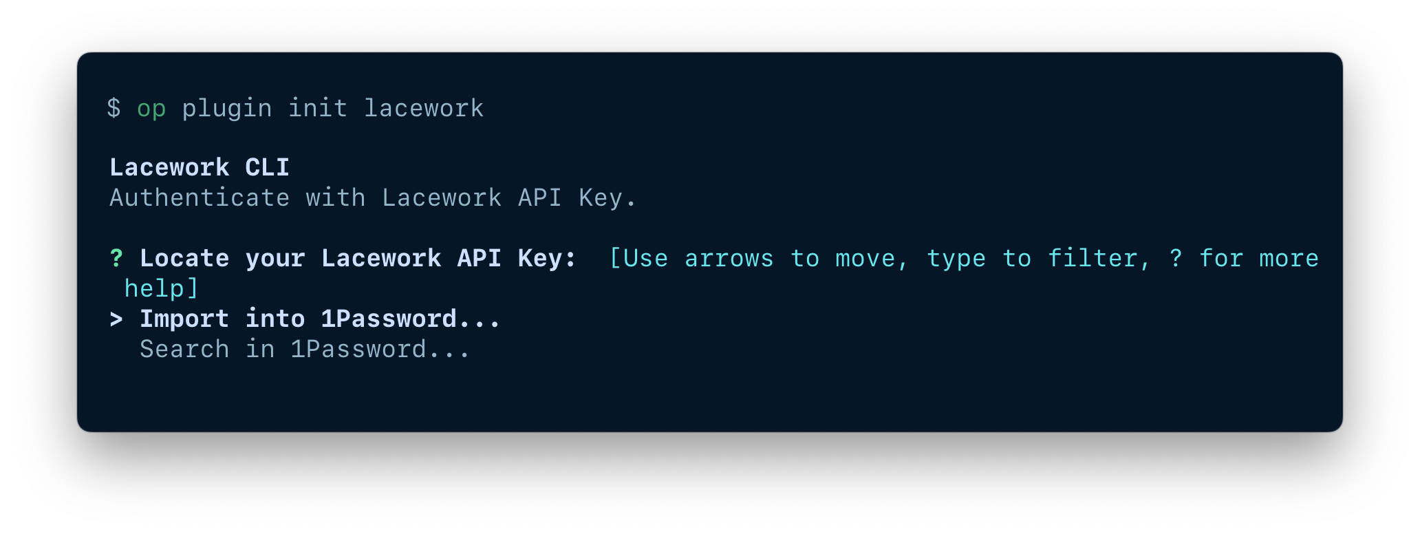 A terminal window displaying the op plugin init command and options to import or select an item.