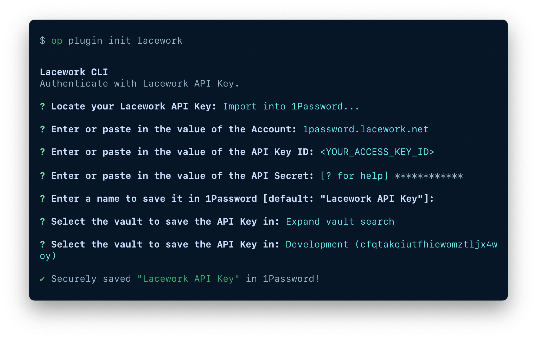 A terminal window showing the fields available to import an item, including the token, item name, and vault.