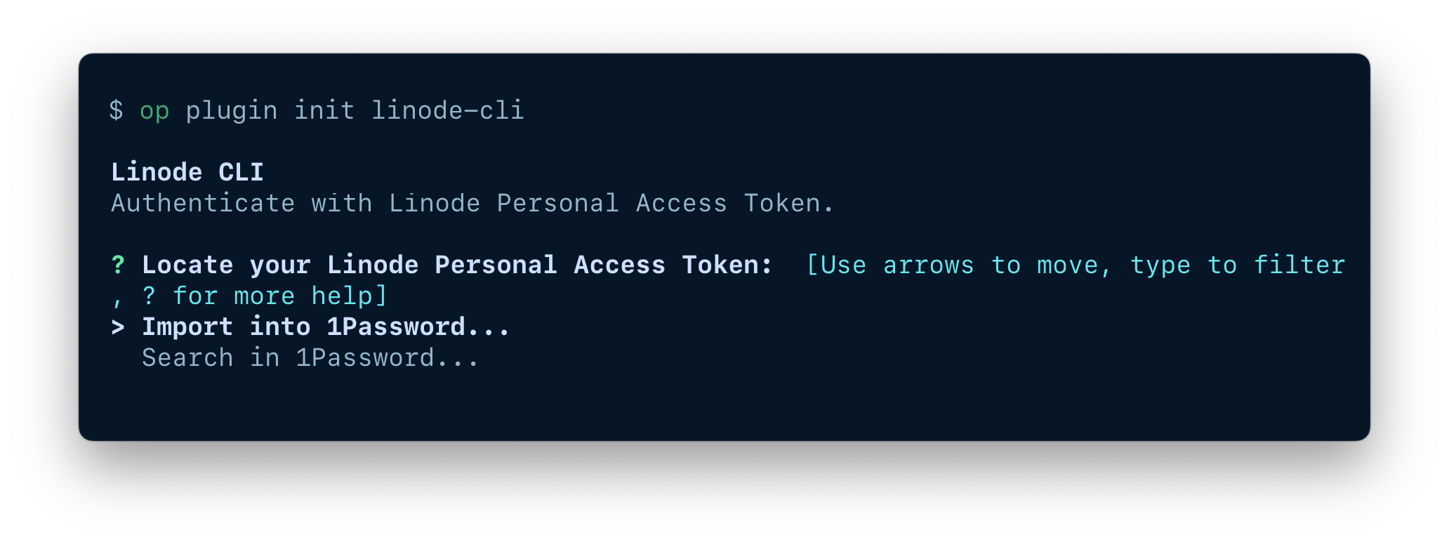 A terminal window displaying the op plugin init command and options to import or select an item.