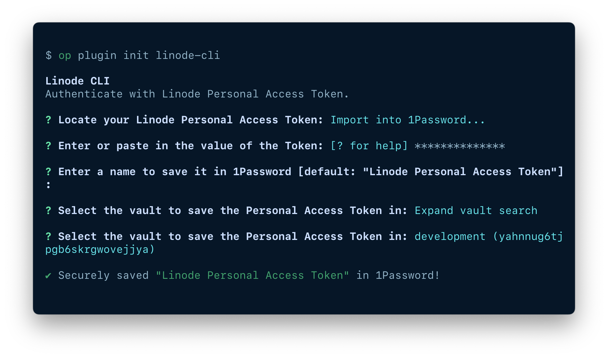A terminal window showing the fields available to import an item, including the token, item name, and vault.
