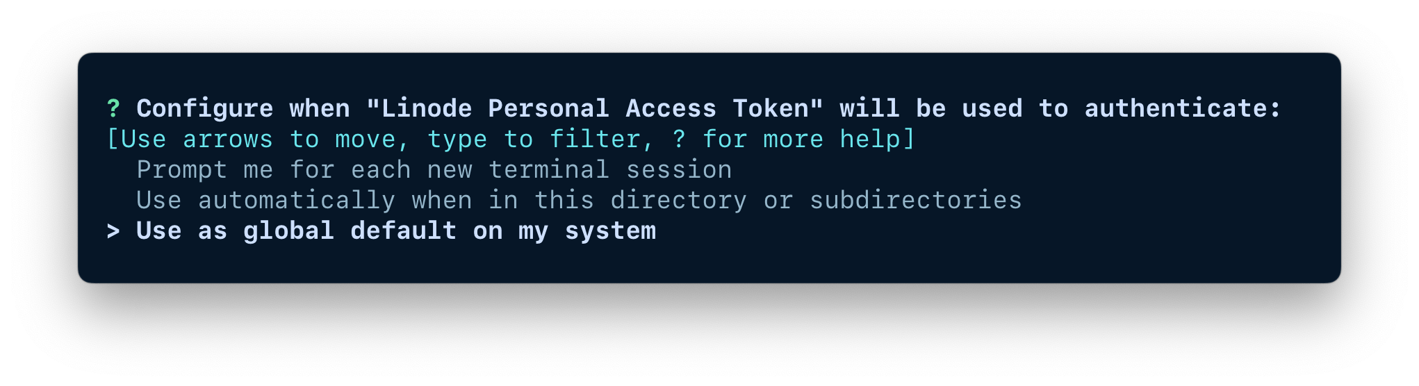 A terminal window showing the options for configuring when the credentials should be used.