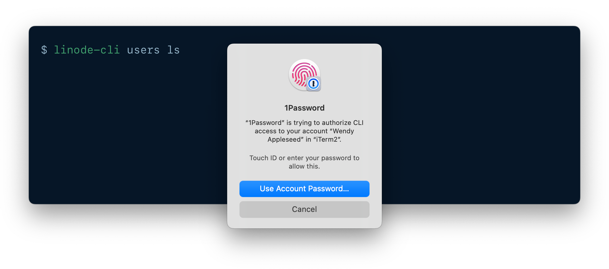 A CLI being authenticated using 1Password CLI biometric unlock.