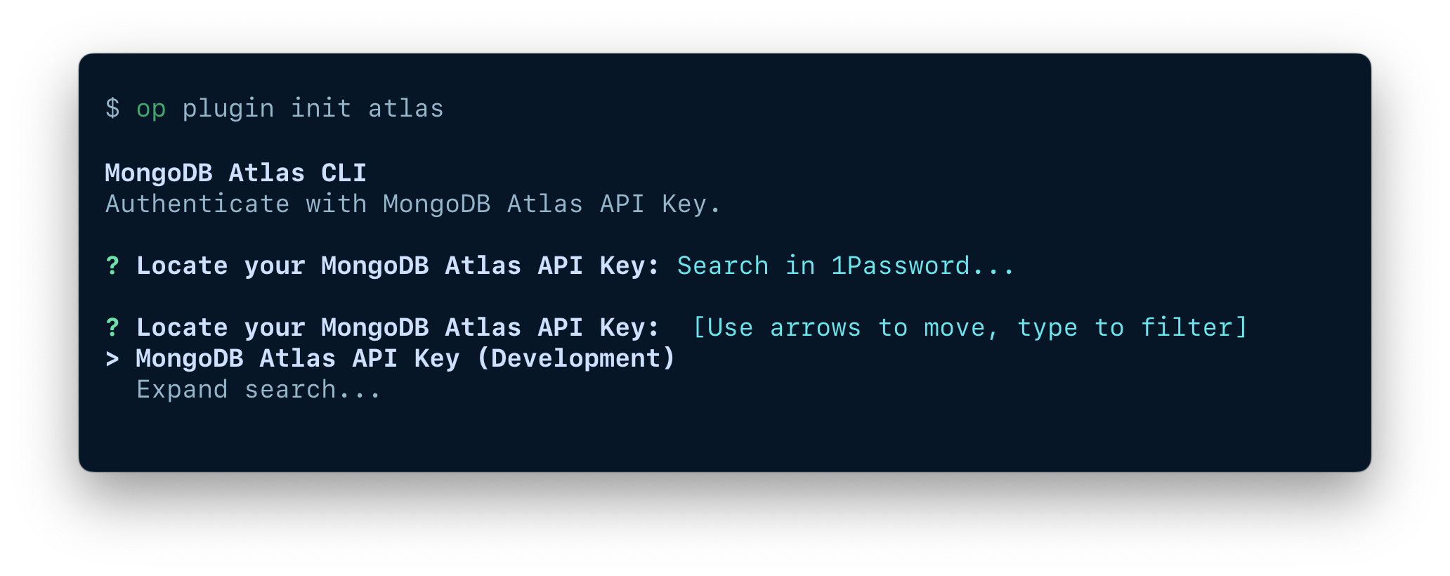 A terminal window showing the option to search for an existing item in your 1Password account.