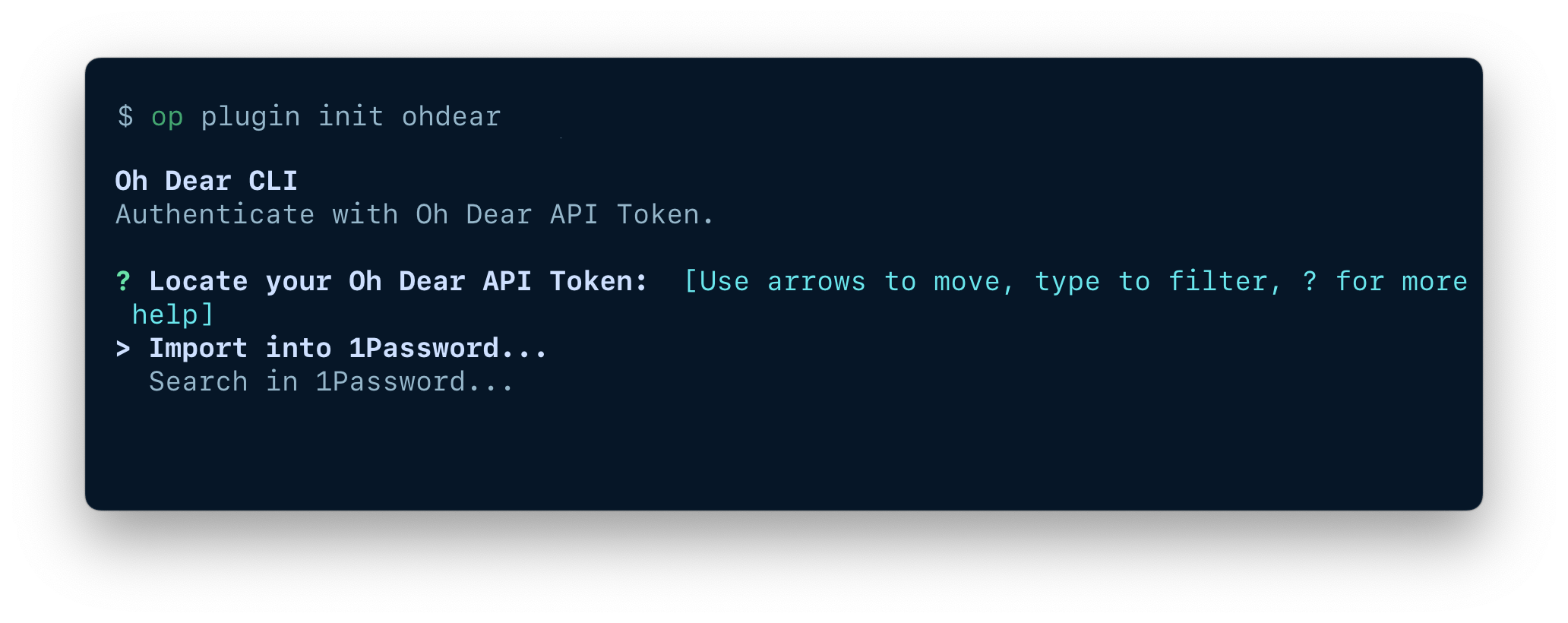 A terminal window displaying the op plugin init command and options to import or select an item.