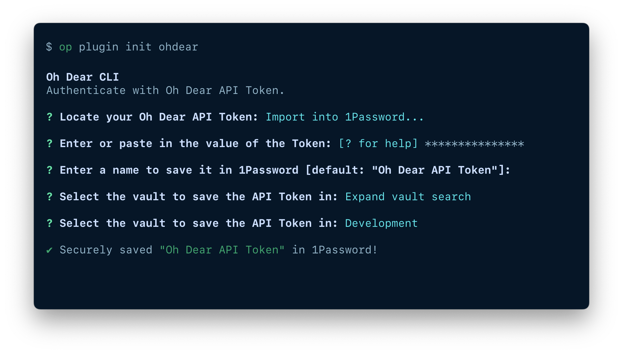 A terminal window showing the fields available to import an item, including the token, item name, and vault.
