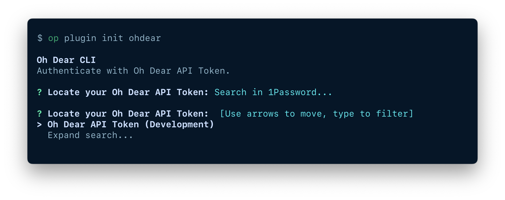 A terminal window showing the option to search for an existing item in your 1Password account.