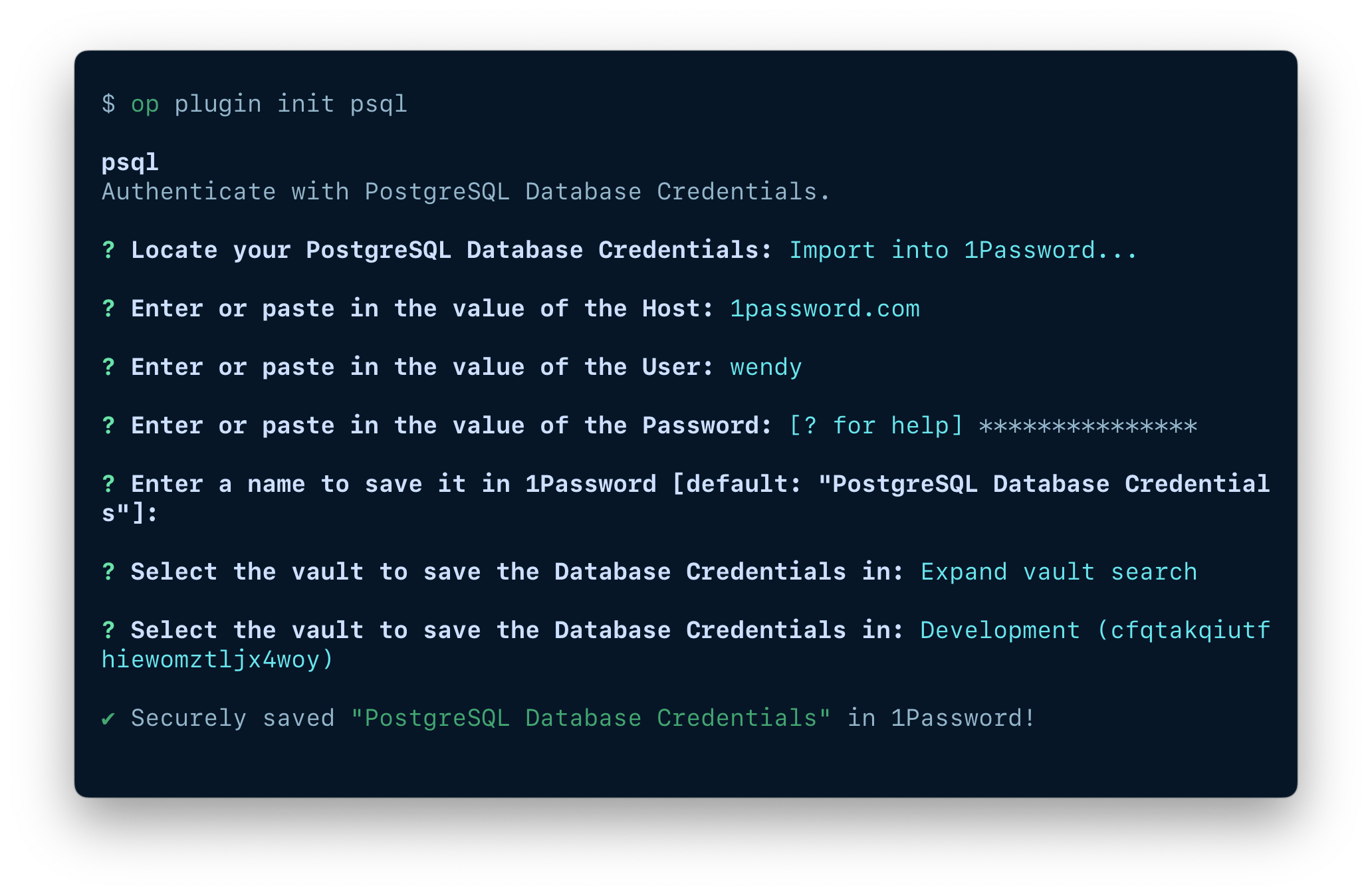 A terminal window showing the fields available to import an item, including the token, item name, and vault.