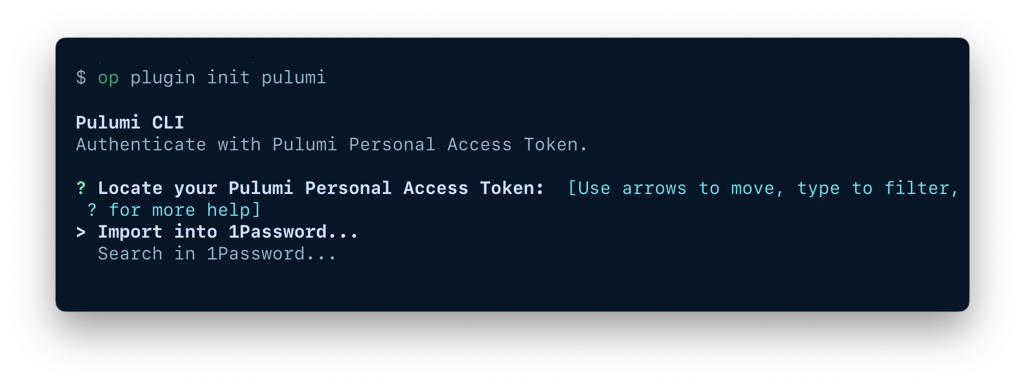 A terminal window displaying the op plugin init command and options to import or select an item.