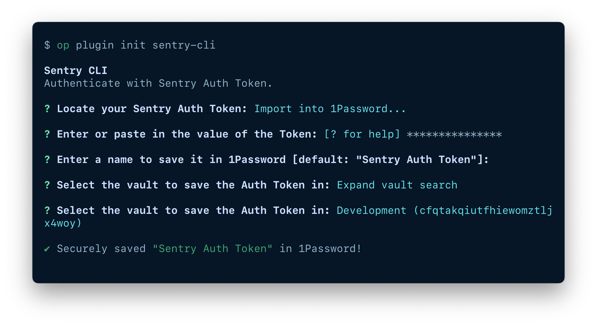 A terminal window showing the fields available to import an item, including the token, item name, and vault.