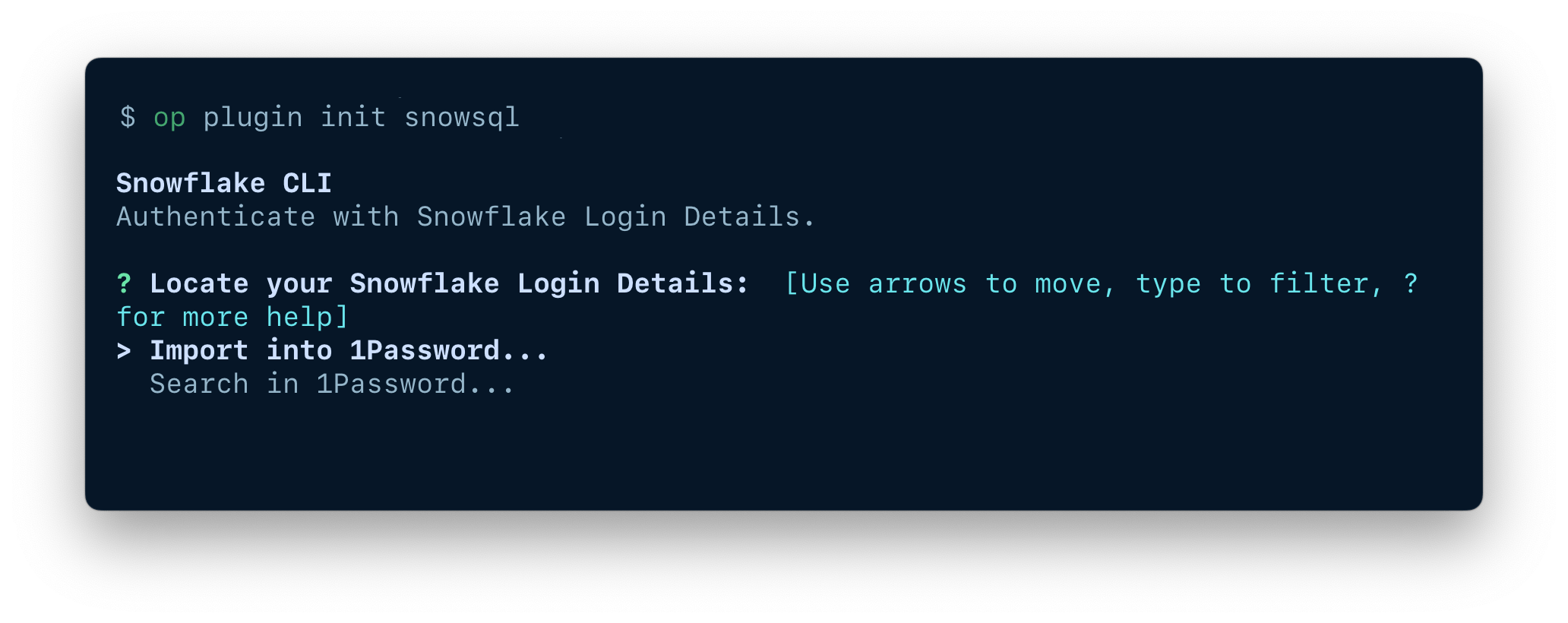 A terminal window displaying the op plugin init command and options to import or select an item.