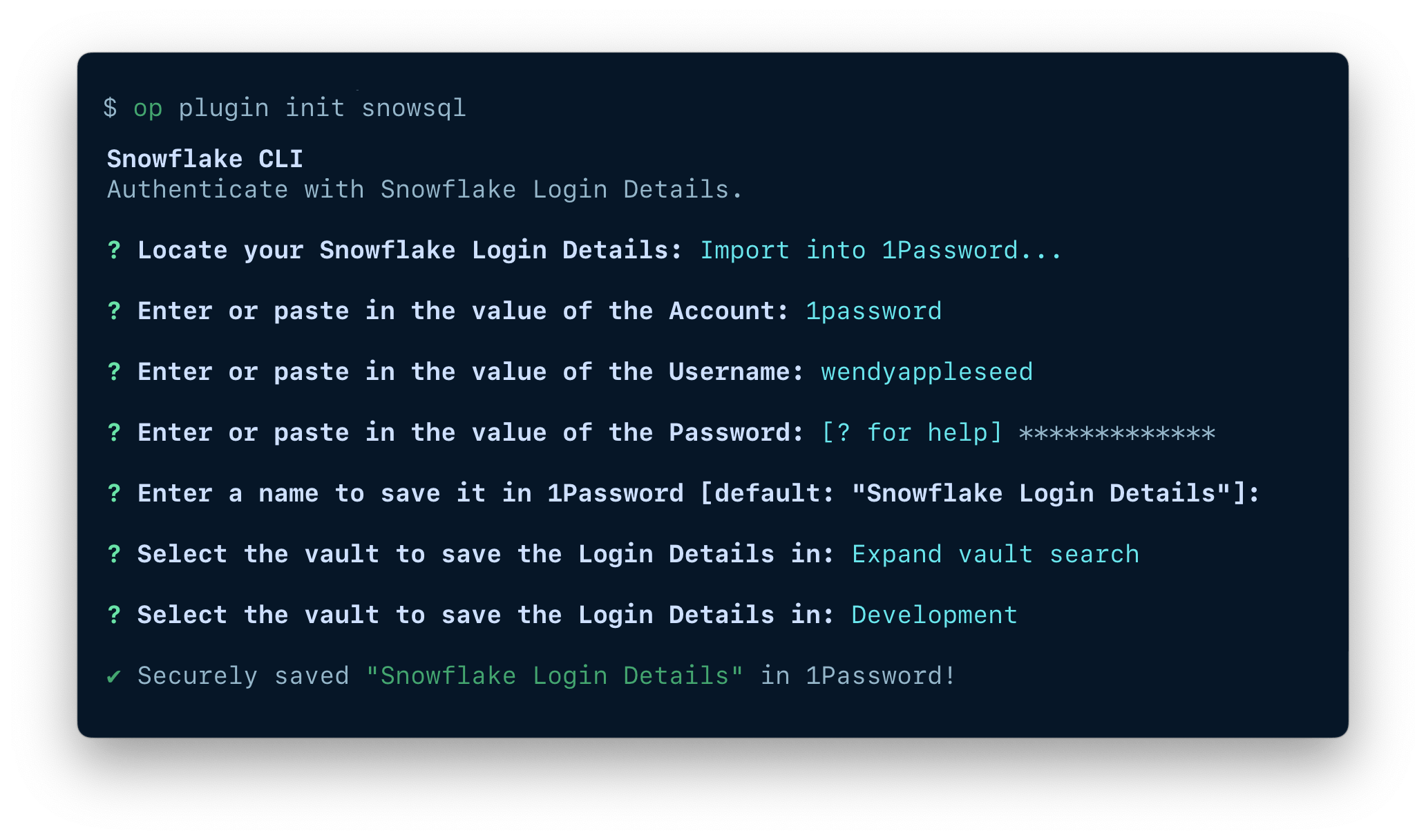 A terminal window showing the fields available to import an item, including the token, item name, and vault.