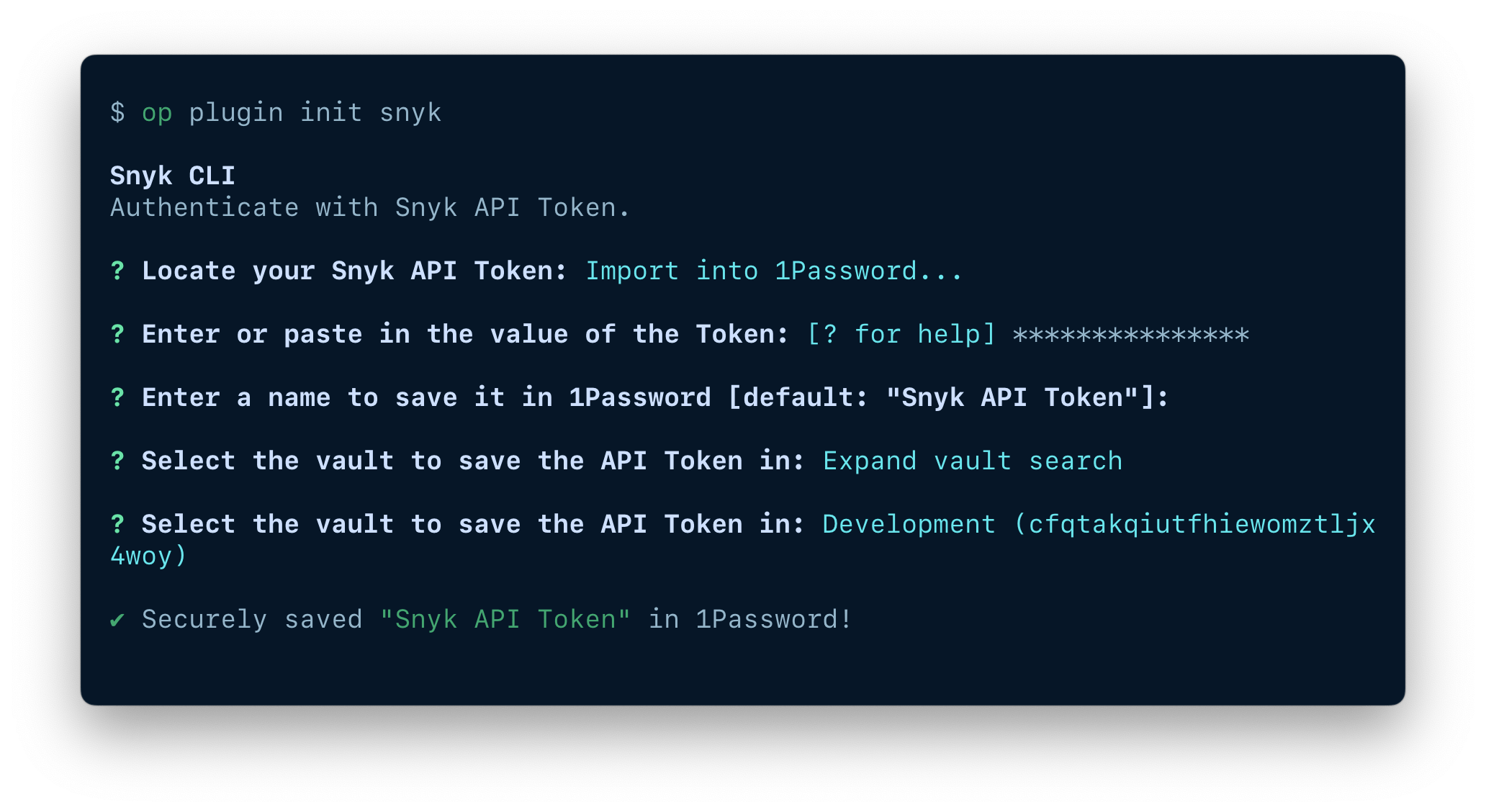 A terminal window showing the fields available to import an item, including the token, item name, and vault.