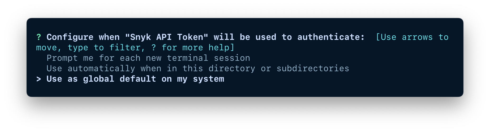 A terminal window showing the options for configuring when the credentials should be used.