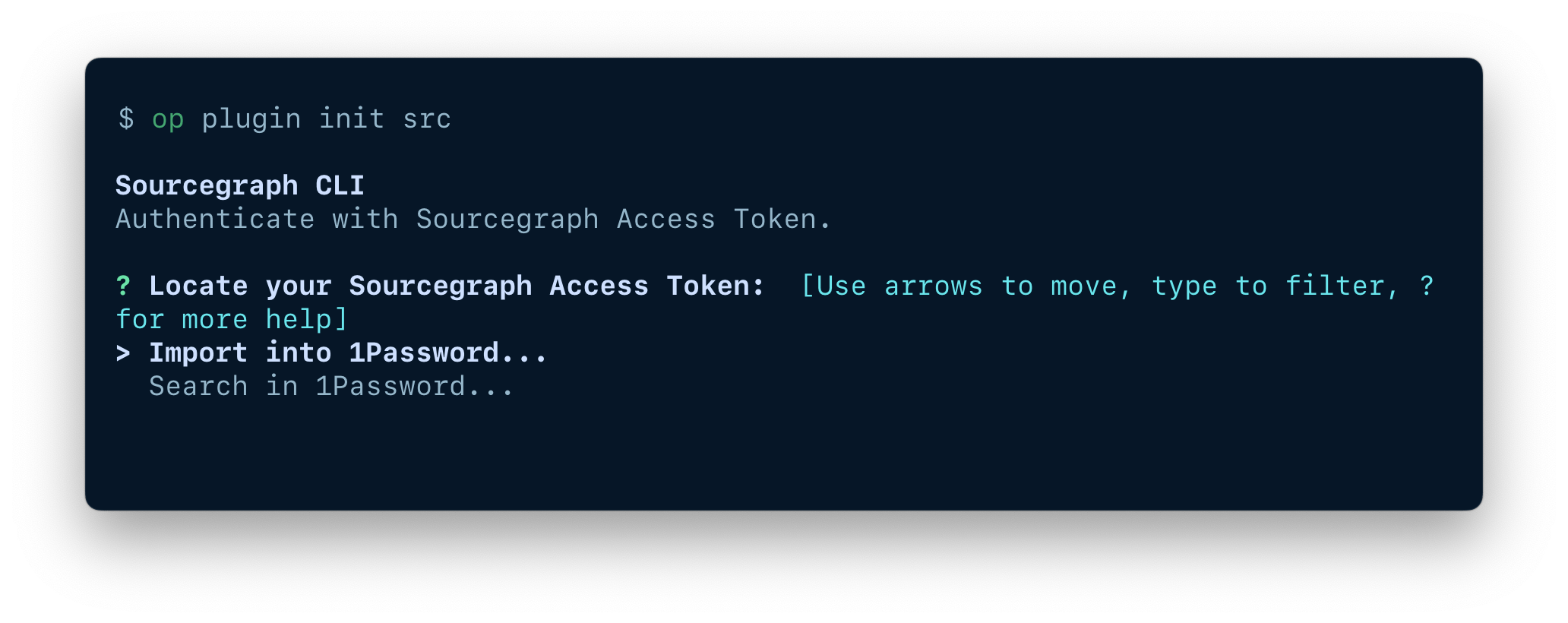 A terminal window displaying the op plugin init command and options to import or select an item.