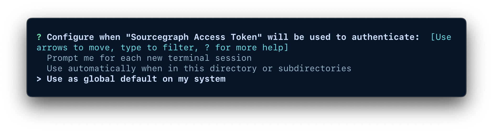 A terminal window showing the options for configuring when the credentials should be used.