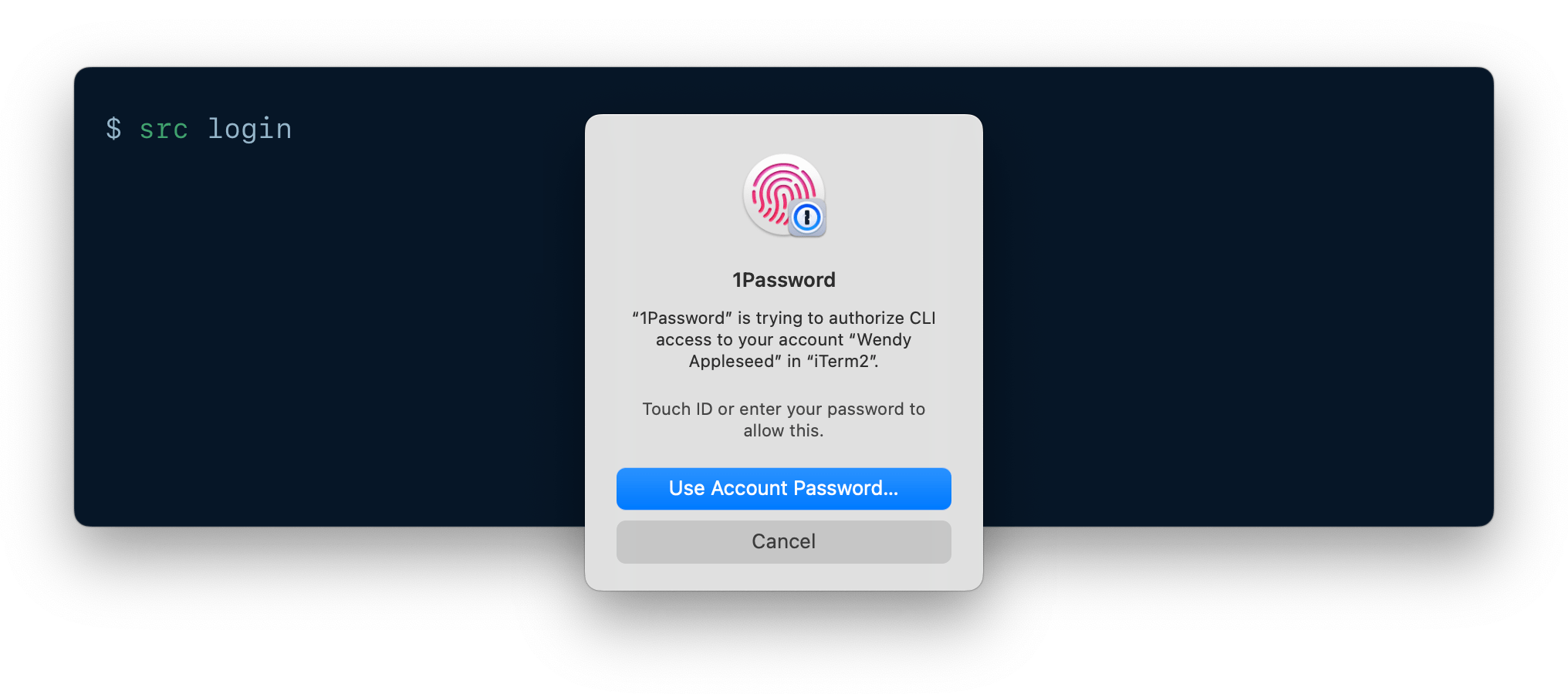 A CLI being authenticated using 1Password CLI biometric unlock.