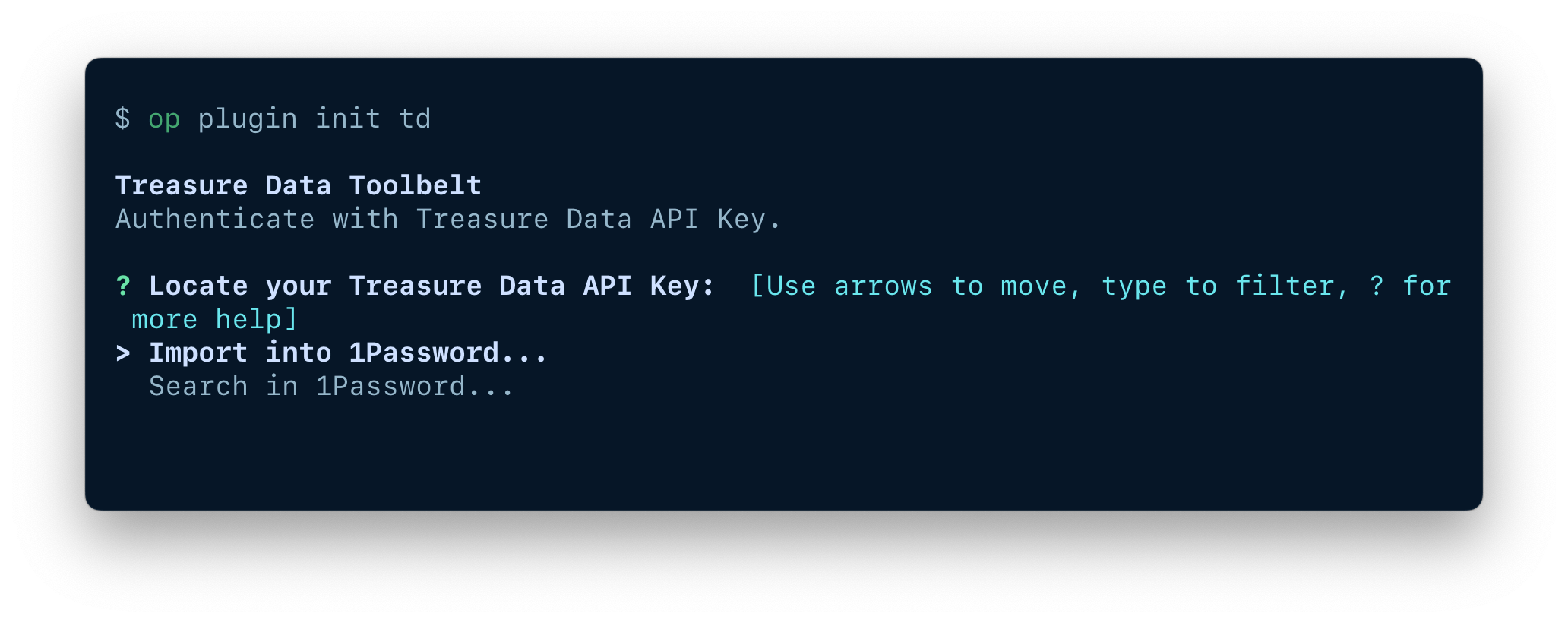 A terminal window displaying the op plugin init command and options to import or select an item.
