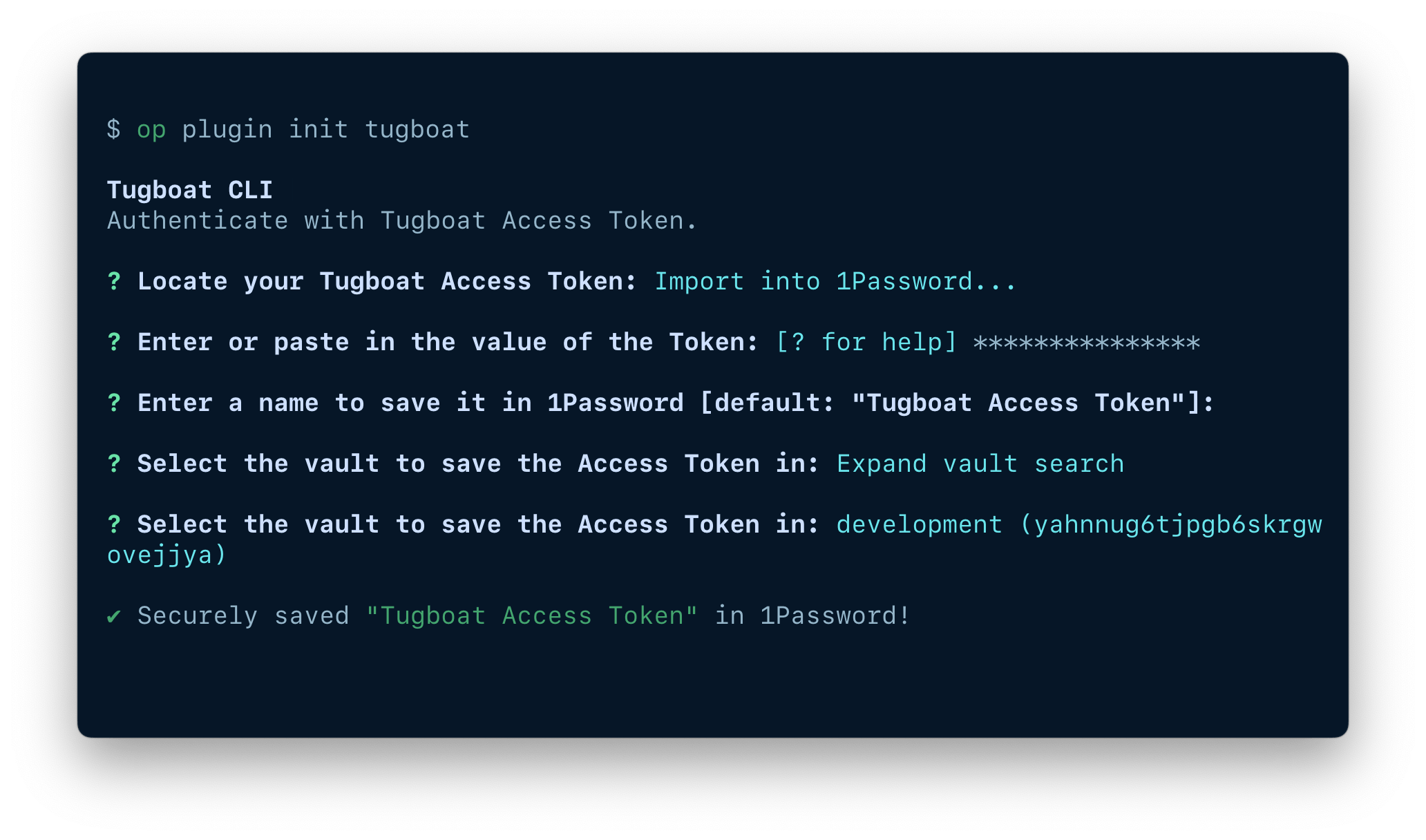 A terminal window showing the fields available to import an item, including the token, item name, and vault.