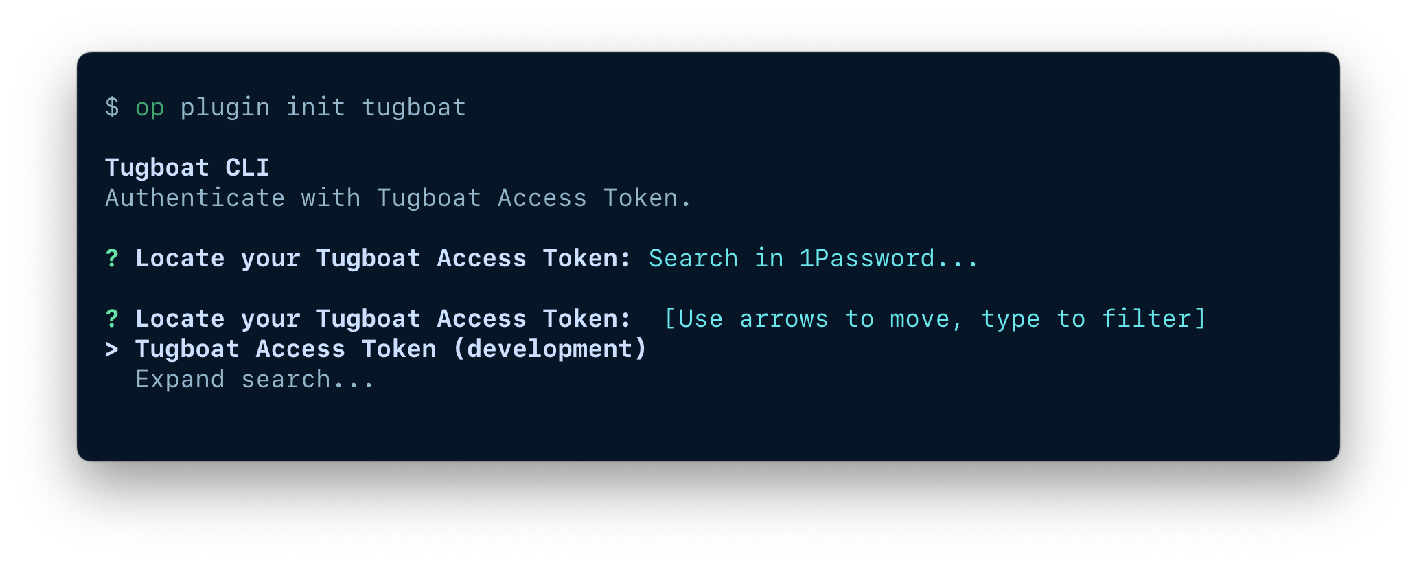 A terminal window showing the option to search for an existing item in your 1Password account.