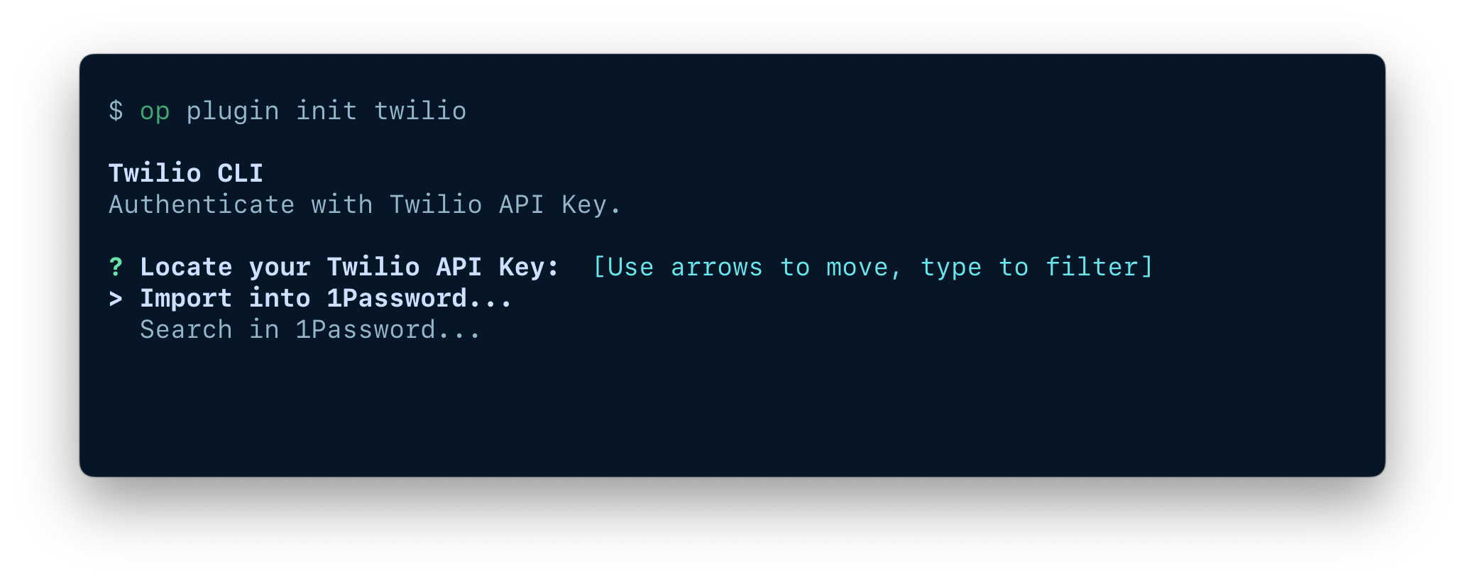 A terminal window displaying the op plugin init command and options to import or select an item.