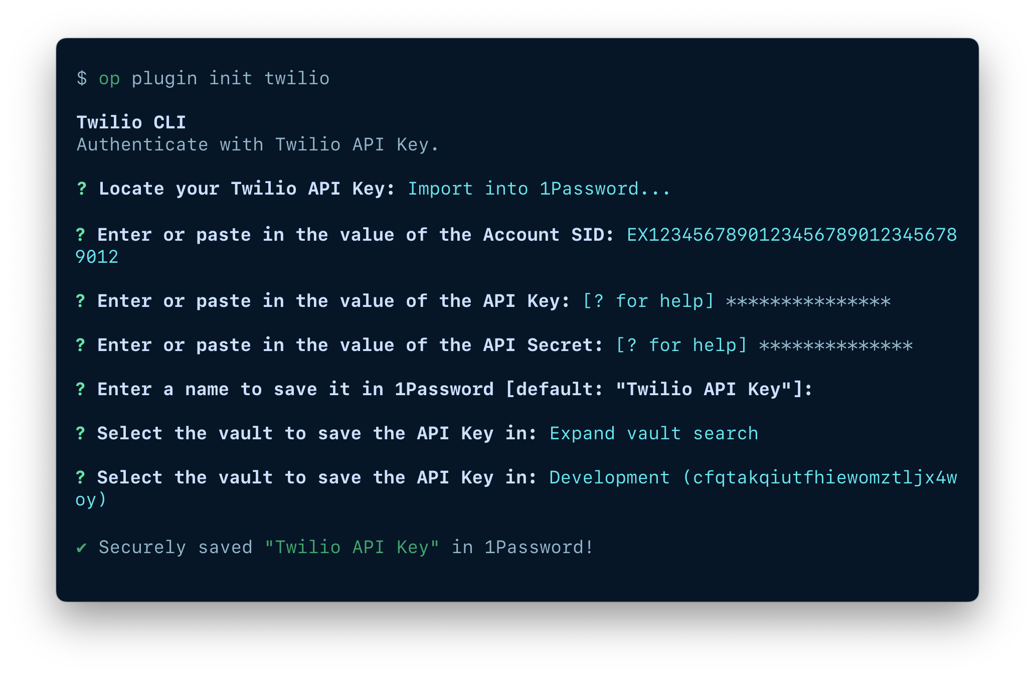 A terminal window showing the fields available to import an item, including the token, item name, and vault.